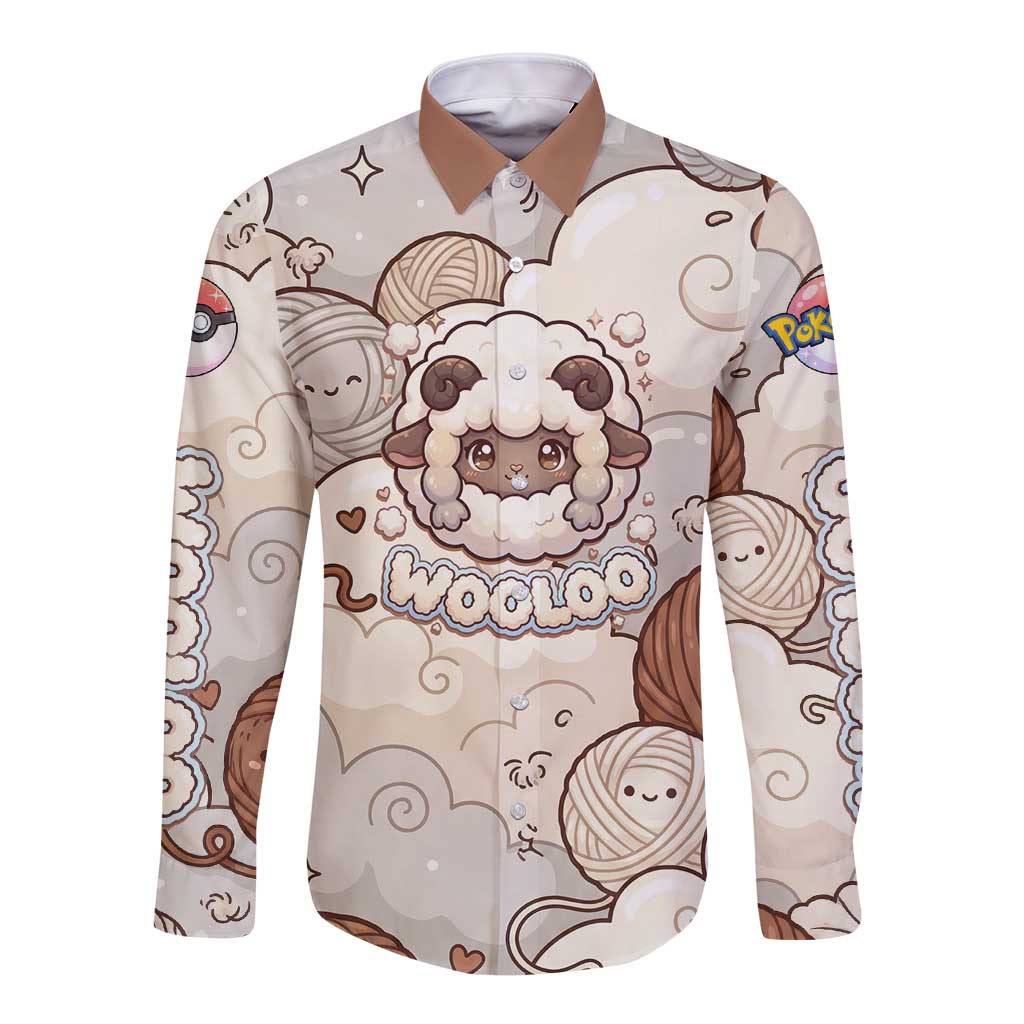Wooloo Poké Kawaii Art Long Sleeve Button Shirt Cute Wooloo & Yarn Ball Pattern - Cozy Vibes