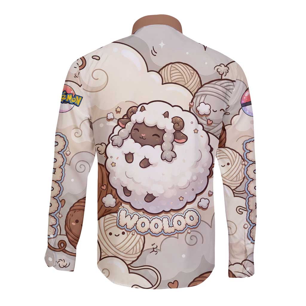 Wooloo Poké Kawaii Art Long Sleeve Button Shirt Cute Wooloo & Yarn Ball Pattern - Cozy Vibes