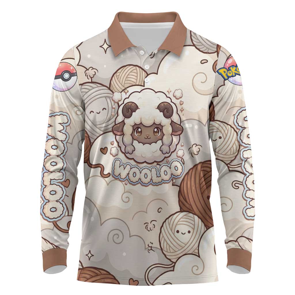 Wooloo Poké Kawaii Art Long Sleeve Polo Shirt Cute Wooloo & Yarn Ball Pattern - Cozy Vibes