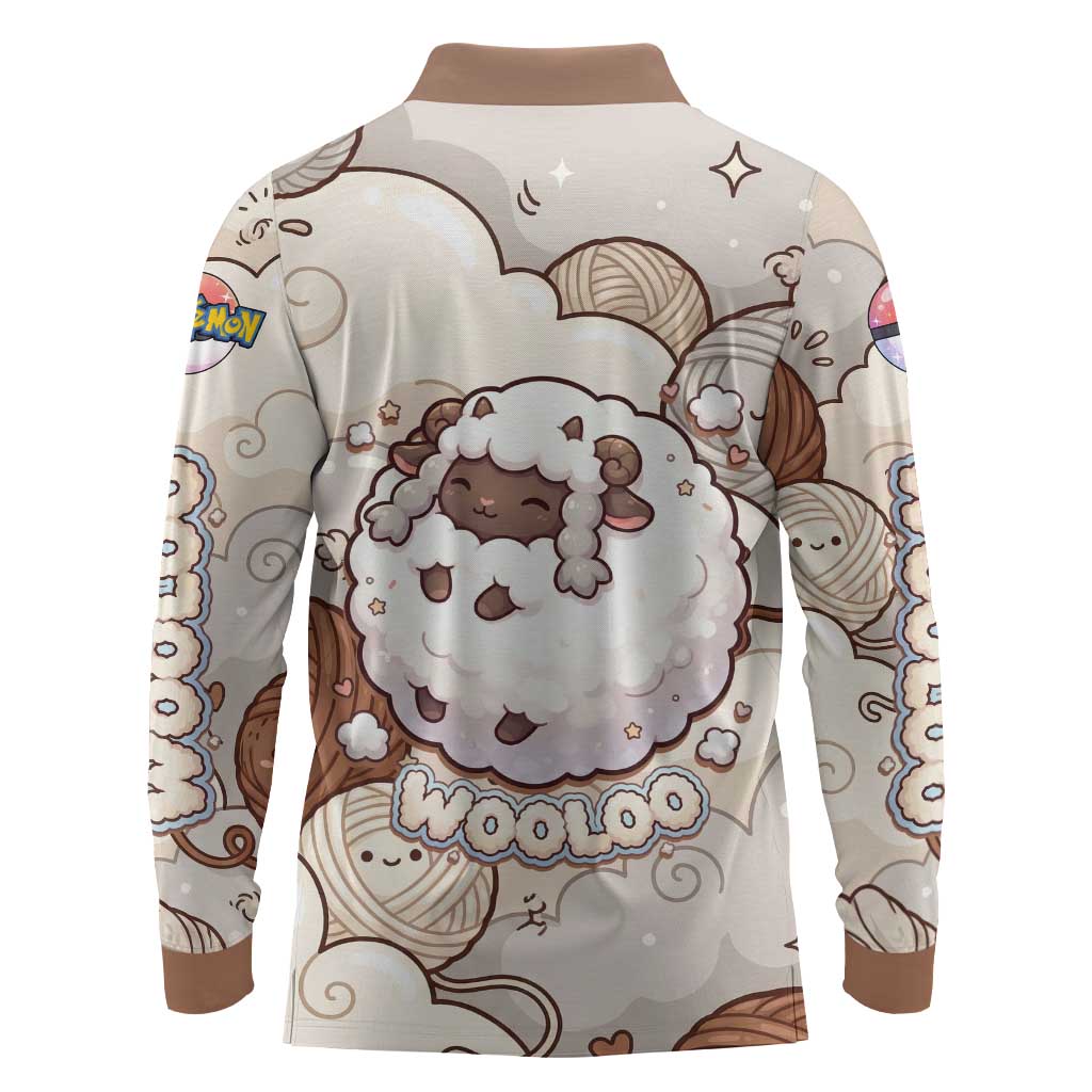 Wooloo Poké Kawaii Art Long Sleeve Polo Shirt Cute Wooloo & Yarn Ball Pattern - Cozy Vibes
