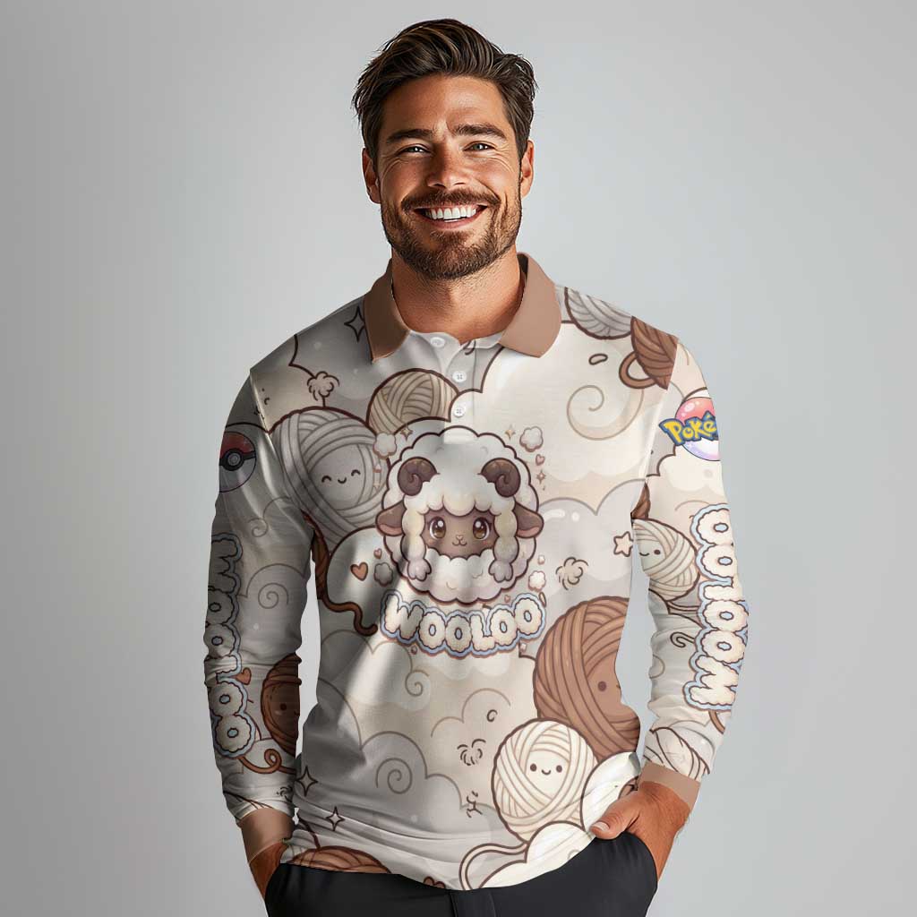 Wooloo Poké Kawaii Art Long Sleeve Polo Shirt Cute Wooloo & Yarn Ball Pattern - Cozy Vibes