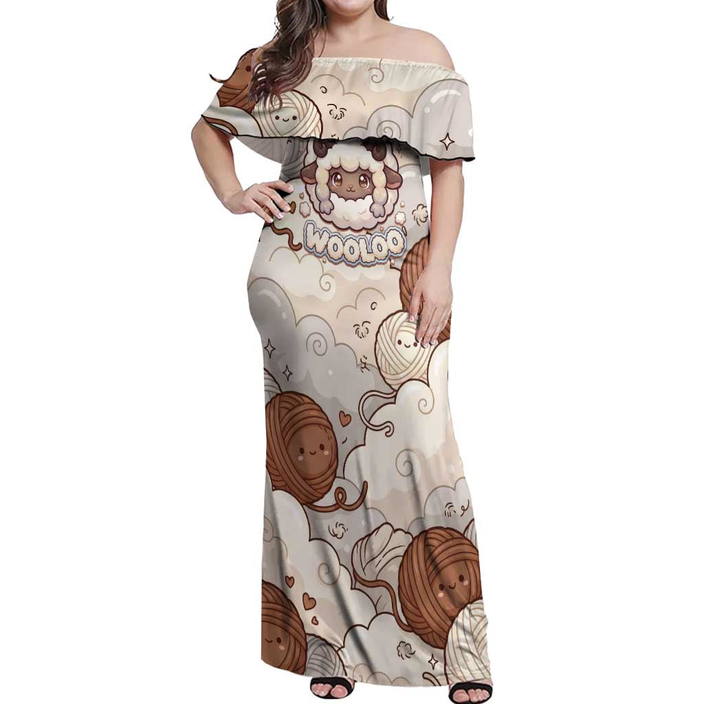 Wooloo Poké Kawaii Art Off Shoulder Maxi Dress Cute Wooloo & Yarn Ball Pattern - Cozy Vibes