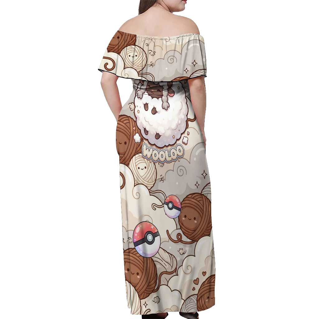 Wooloo Poké Kawaii Art Off Shoulder Maxi Dress Cute Wooloo & Yarn Ball Pattern - Cozy Vibes