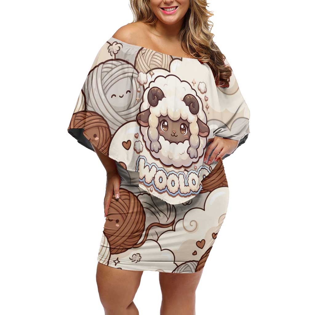 Wooloo Poké Kawaii Art Off Shoulder Short Dress Cute Wooloo & Yarn Ball Pattern - Cozy Vibes