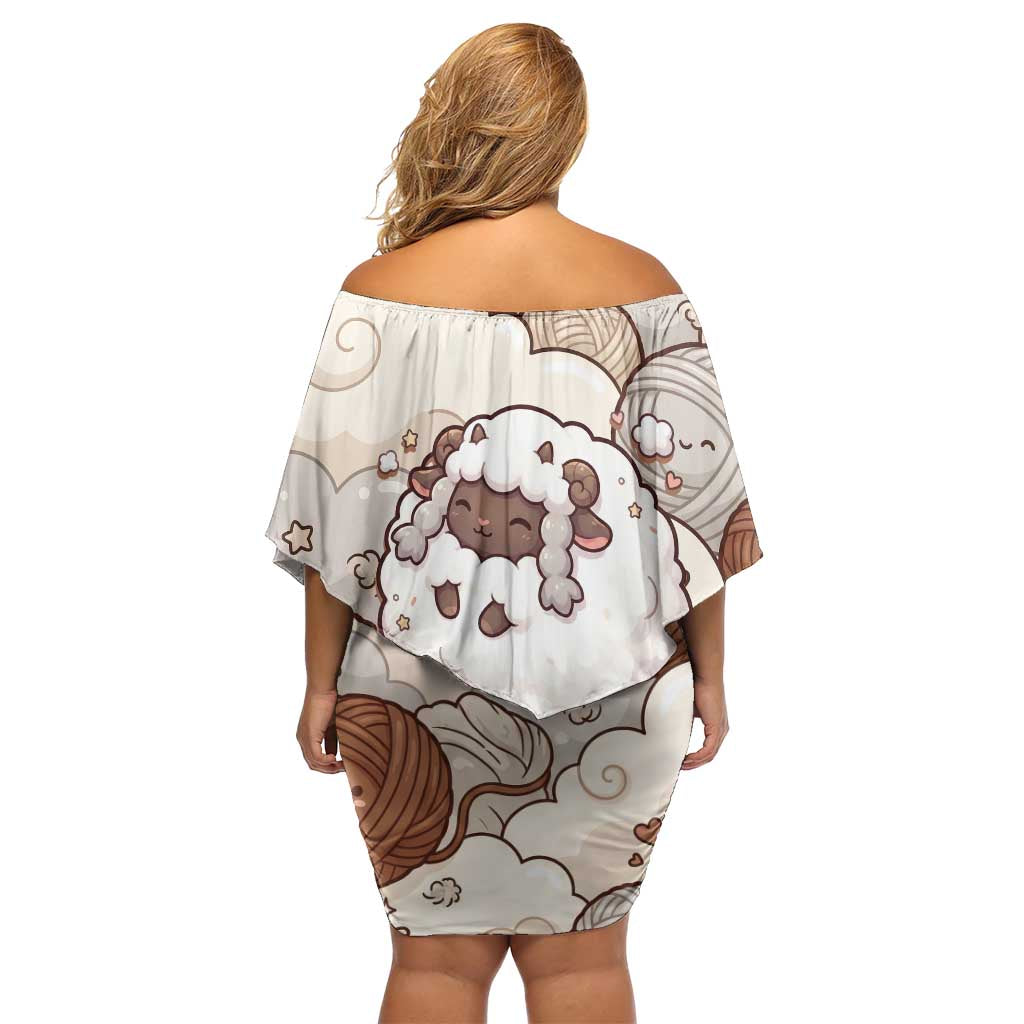 Wooloo Poké Kawaii Art Off Shoulder Short Dress Cute Wooloo & Yarn Ball Pattern - Cozy Vibes