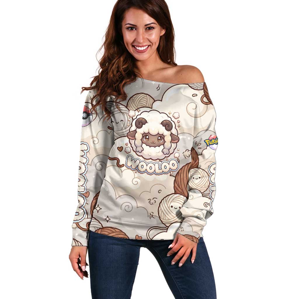 Wooloo Poké Kawaii Art Off Shoulder Sweater Cute Wooloo & Yarn Ball Pattern - Cozy Vibes