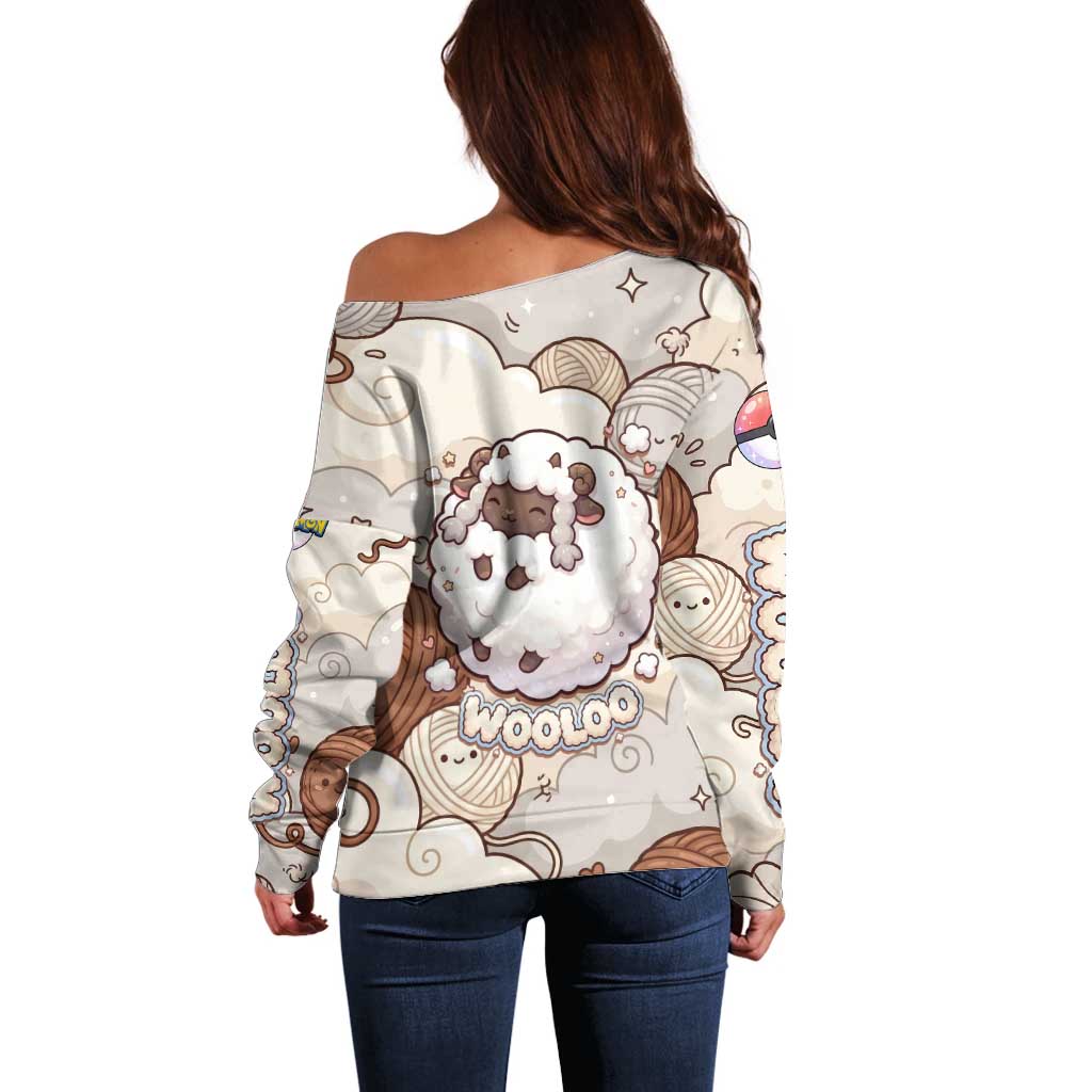 Wooloo Poké Kawaii Art Off Shoulder Sweater Cute Wooloo & Yarn Ball Pattern - Cozy Vibes