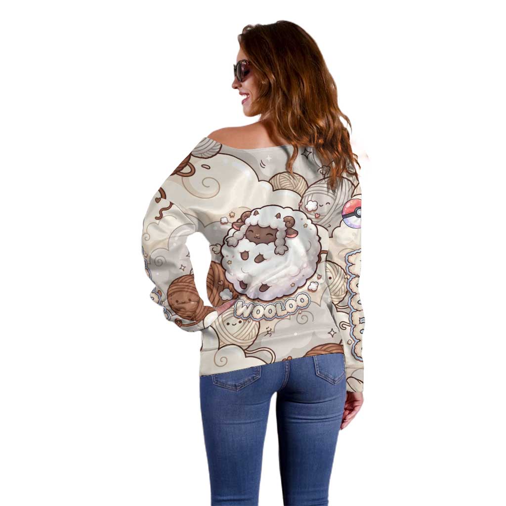 Wooloo Poké Kawaii Art Off Shoulder Sweater Cute Wooloo & Yarn Ball Pattern - Cozy Vibes