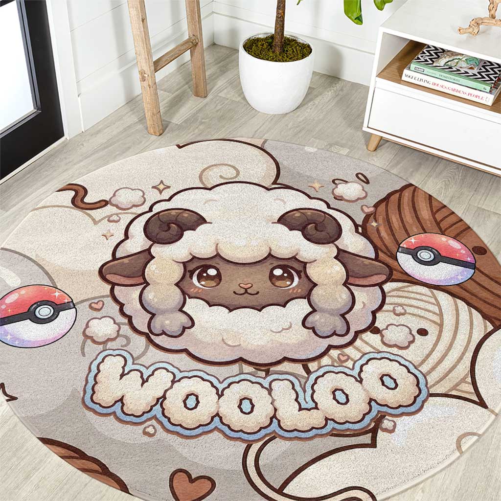 Wooloo Poké Kawaii Art Round Carpet Cute Wooloo & Yarn Ball Pattern - Cozy Vibes