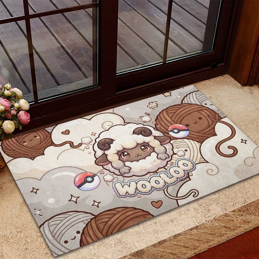Wooloo Poké Kawaii Art Rubber Doormat Cute Wooloo & Yarn Ball Pattern - Cozy Vibes