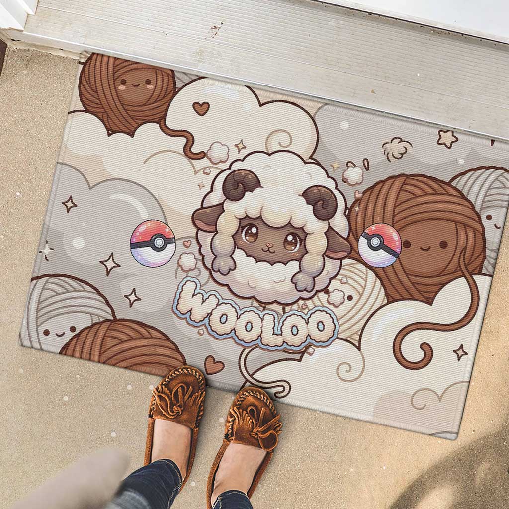 Wooloo Poké Kawaii Art Rubber Doormat Cute Wooloo & Yarn Ball Pattern - Cozy Vibes