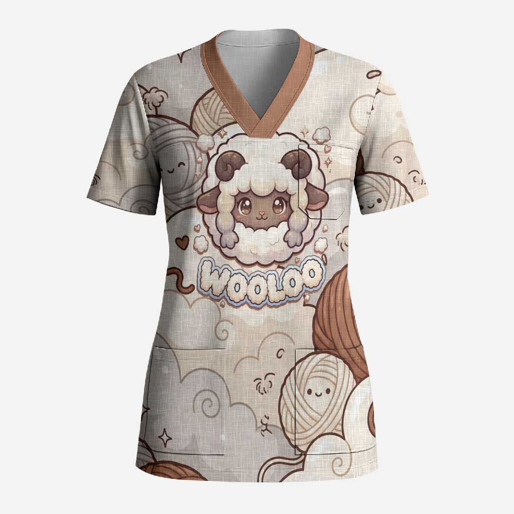 Wooloo Poké Kawaii Art Scrub Top Cute Wooloo & Yarn Ball Pattern - Cozy Vibes