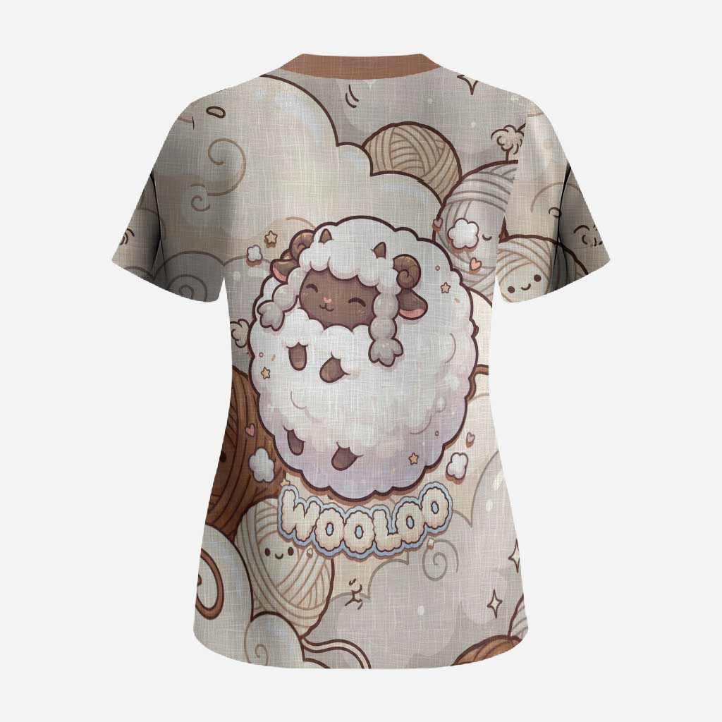 Wooloo Poké Kawaii Art Scrub Top Cute Wooloo & Yarn Ball Pattern - Cozy Vibes