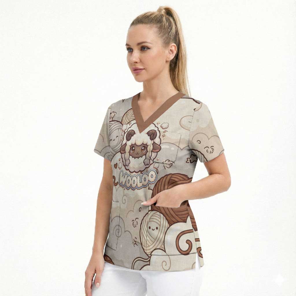 Wooloo Poké Kawaii Art Scrub Top Cute Wooloo & Yarn Ball Pattern - Cozy Vibes