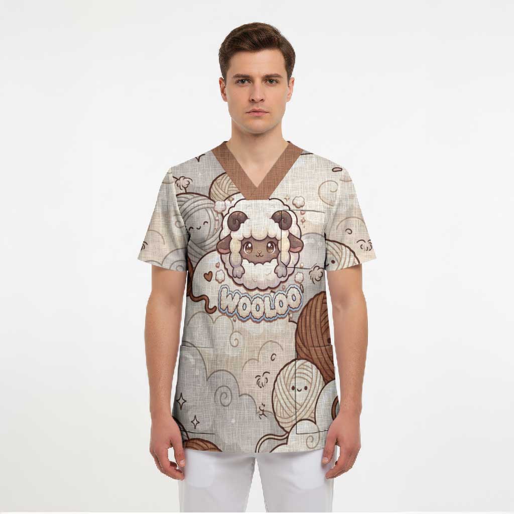 Wooloo Poké Kawaii Art Scrub Top Cute Wooloo & Yarn Ball Pattern - Cozy Vibes
