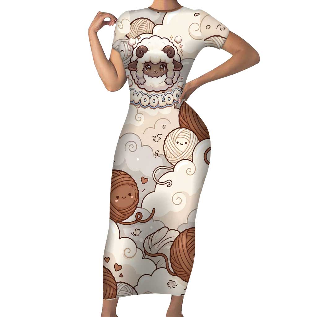 Wooloo Poké Kawaii Art Short Sleeve Bodycon Dress Cute Wooloo & Yarn Ball Pattern - Cozy Vibes