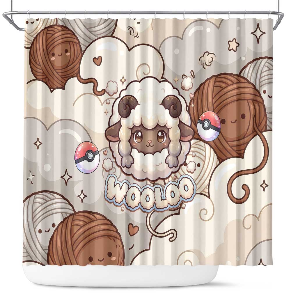 Wooloo Poké Kawaii Art Shower Curtain Cute Wooloo & Yarn Ball Pattern - Cozy Vibes