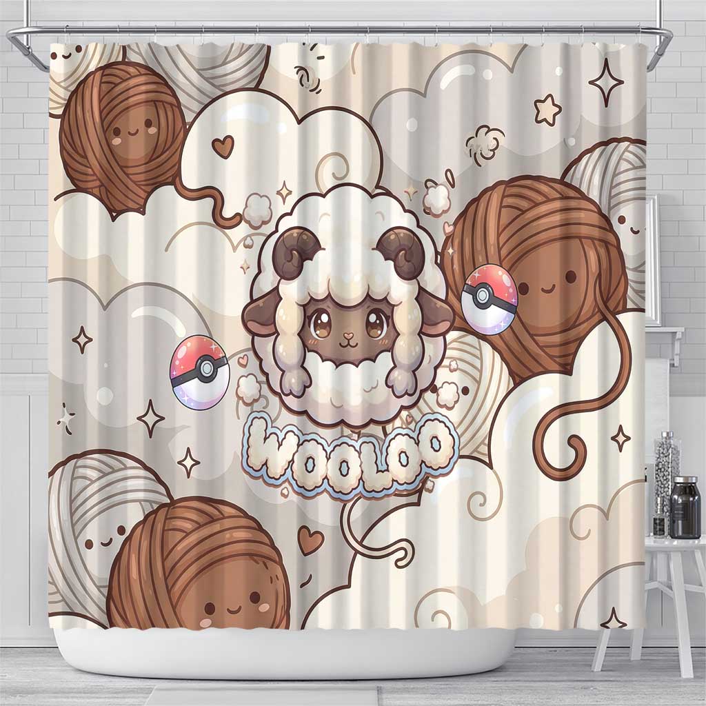 Wooloo Poké Kawaii Art Shower Curtain Cute Wooloo & Yarn Ball Pattern - Cozy Vibes