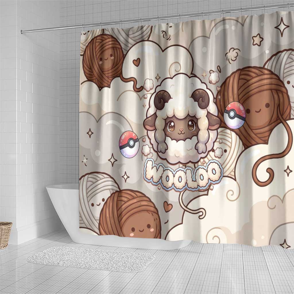 Wooloo Poké Kawaii Art Shower Curtain Cute Wooloo & Yarn Ball Pattern - Cozy Vibes