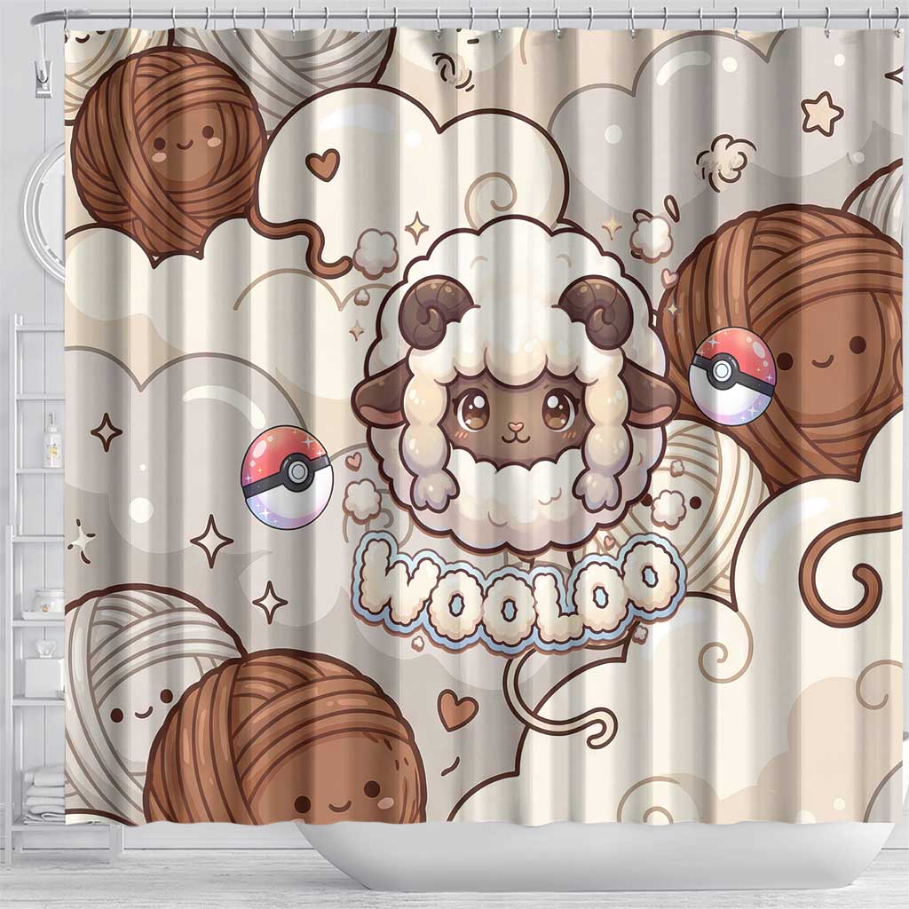 Wooloo Poké Kawaii Art Shower Curtain Cute Wooloo & Yarn Ball Pattern - Cozy Vibes