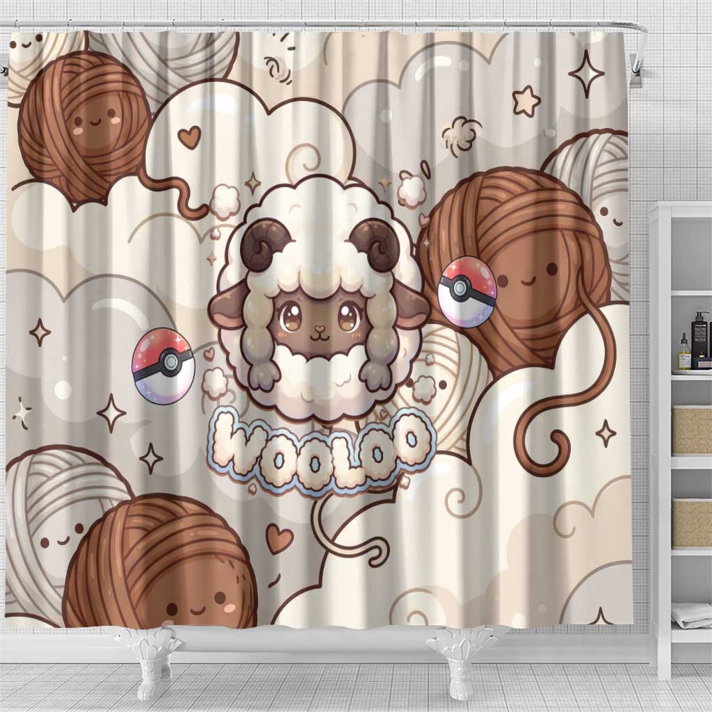 Wooloo Poké Kawaii Art Shower Curtain Cute Wooloo & Yarn Ball Pattern - Cozy Vibes
