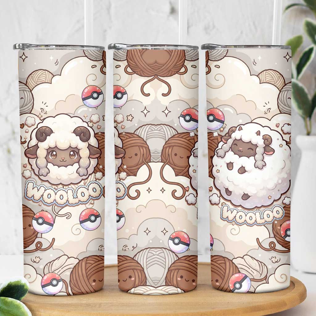 Wooloo Poké Kawaii Art Skinny Tumbler Cute Wooloo & Yarn Ball Pattern - Cozy Vibes