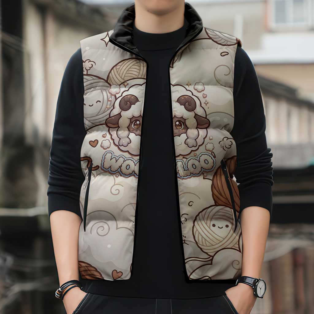 Wooloo Poké Kawaii Art Sleeveless Puffer Jacket Cute Wooloo & Yarn Ball Pattern - Cozy Vibes