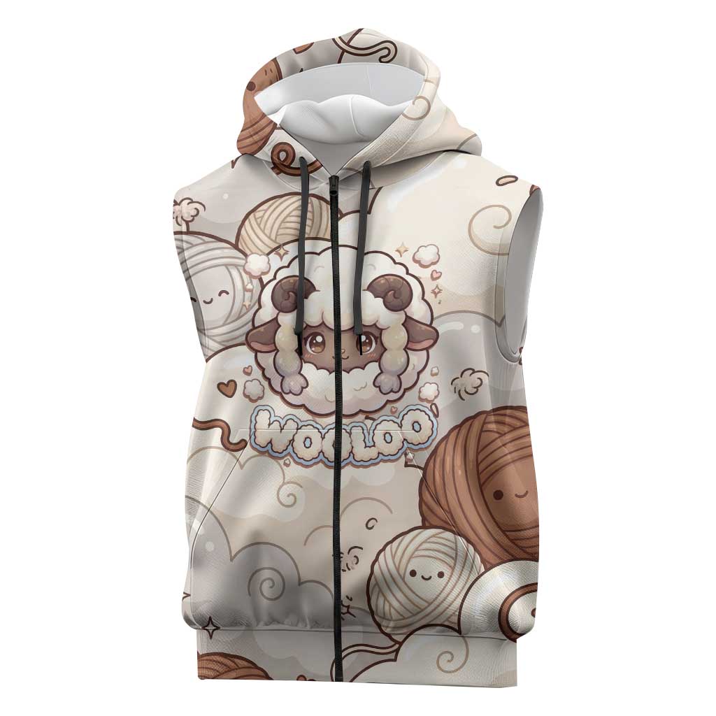 Wooloo Poké Kawaii Art Sleeveless Zip Hoodie Cute Wooloo & Yarn Ball Pattern - Cozy Vibes
