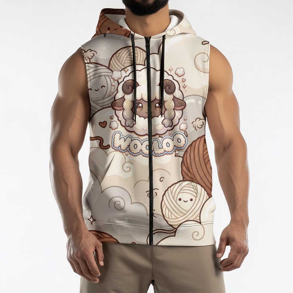 Wooloo Poké Kawaii Art Sleeveless Zip Hoodie Cute Wooloo & Yarn Ball Pattern - Cozy Vibes