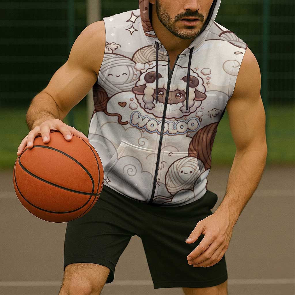 Wooloo Poké Kawaii Art Sleeveless Zip Hoodie Cute Wooloo & Yarn Ball Pattern - Cozy Vibes
