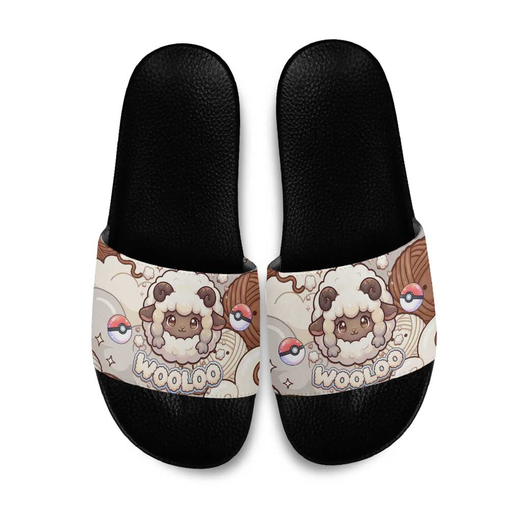 Wooloo Poké Kawaii Art Slide Sandals Cute Wooloo & Yarn Ball Pattern - Cozy Vibes