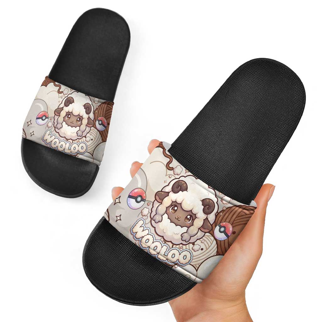Wooloo Poké Kawaii Art Slide Sandals Cute Wooloo & Yarn Ball Pattern - Cozy Vibes