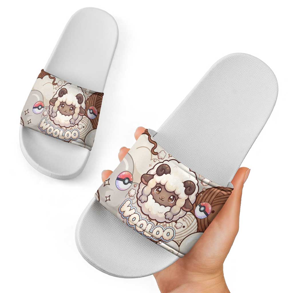 Wooloo Poké Kawaii Art Slide Sandals Cute Wooloo & Yarn Ball Pattern - Cozy Vibes
