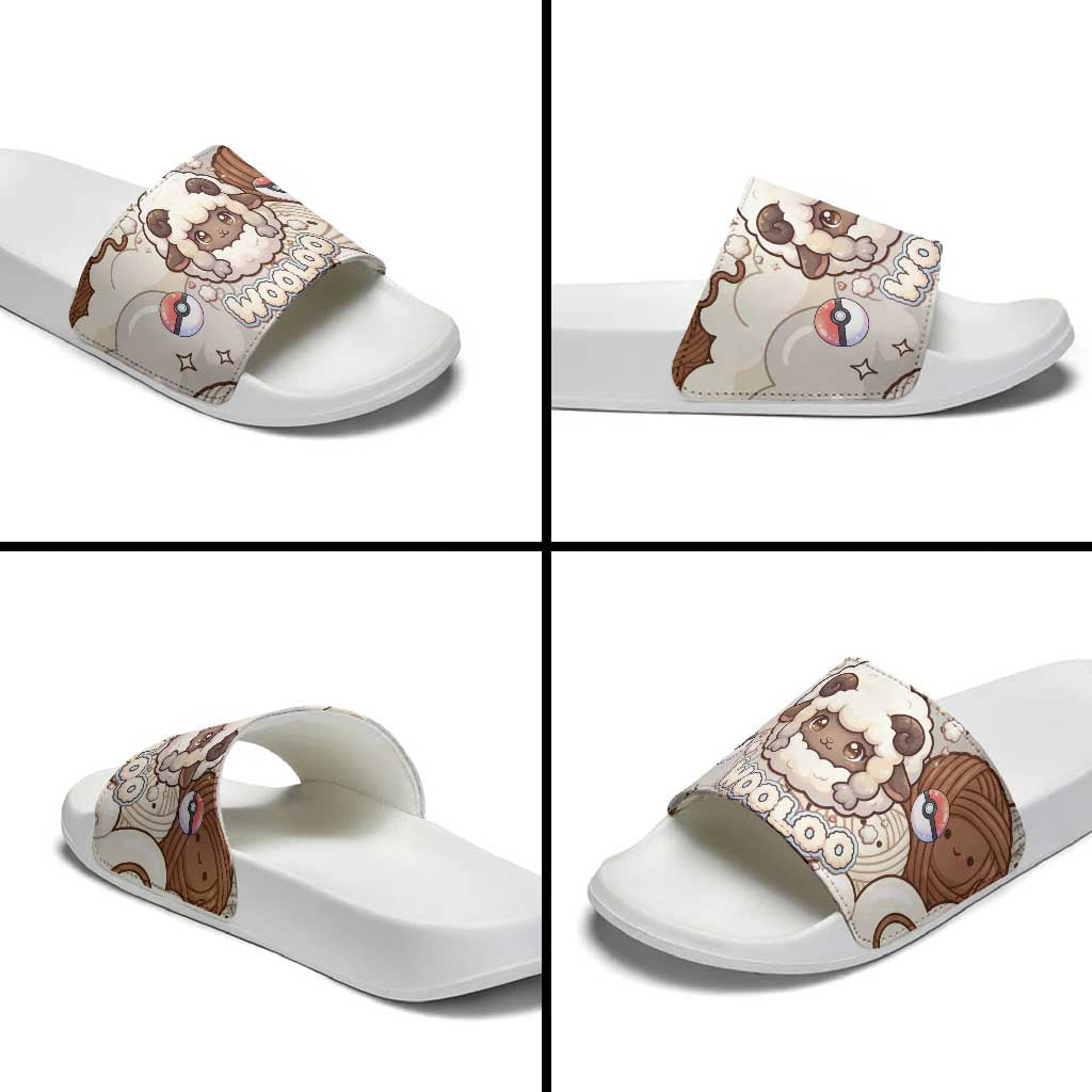 Wooloo Poké Kawaii Art Slide Sandals Cute Wooloo & Yarn Ball Pattern - Cozy Vibes