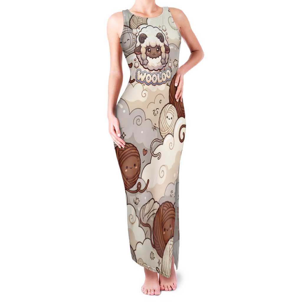 Wooloo Poké Kawaii Art Tank Maxi Dress Cute Wooloo & Yarn Ball Pattern - Cozy Vibes