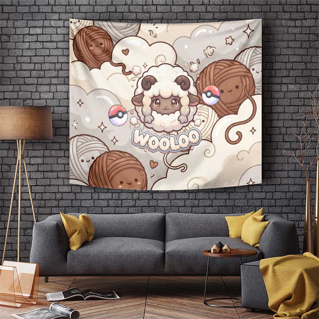 Wooloo Poké Kawaii Art Tapestry Cute Wooloo & Yarn Ball Pattern - Cozy Vibes