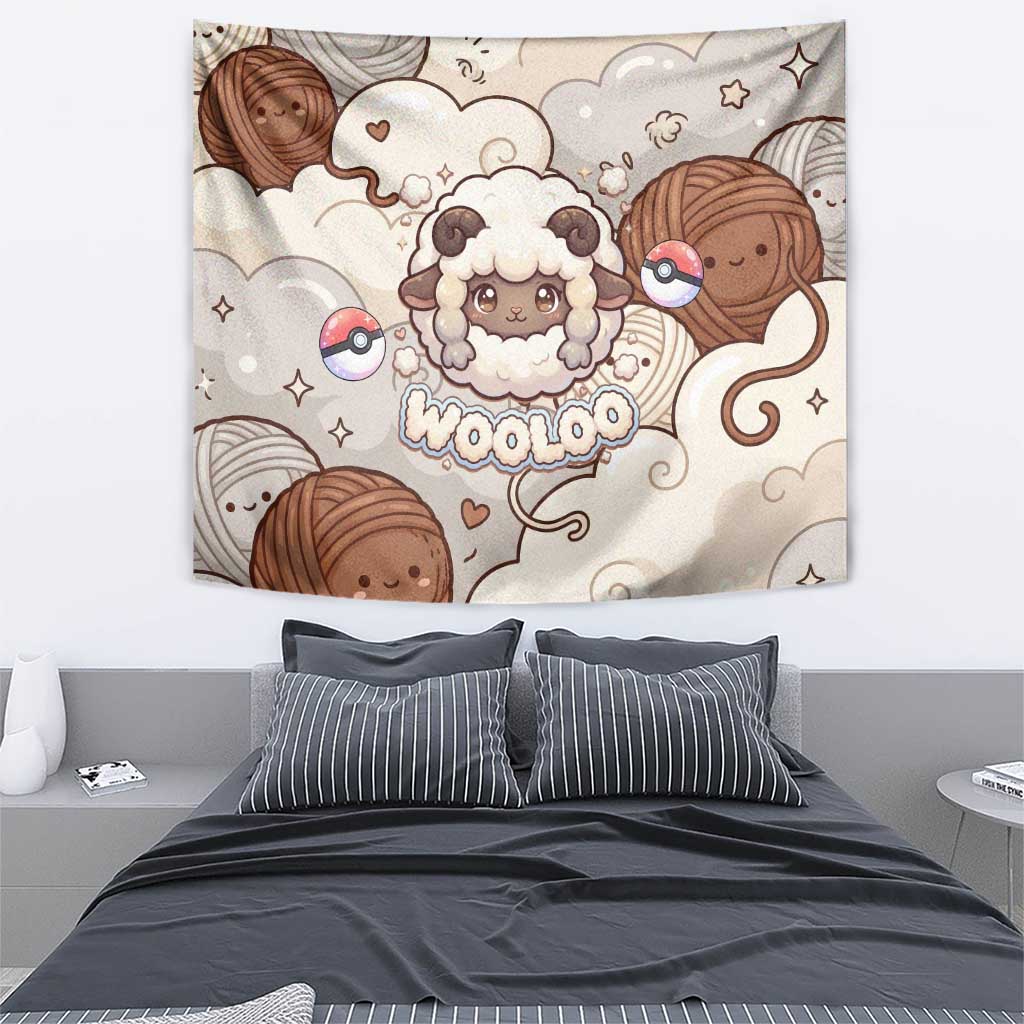Wooloo Poké Kawaii Art Tapestry Cute Wooloo & Yarn Ball Pattern - Cozy Vibes