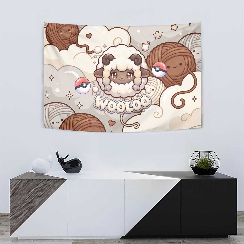 Wooloo Poké Kawaii Art Tapestry Cute Wooloo & Yarn Ball Pattern - Cozy Vibes