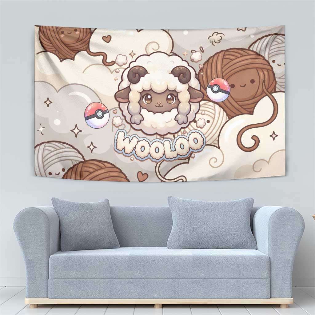 Wooloo Poké Kawaii Art Tapestry Cute Wooloo & Yarn Ball Pattern - Cozy Vibes