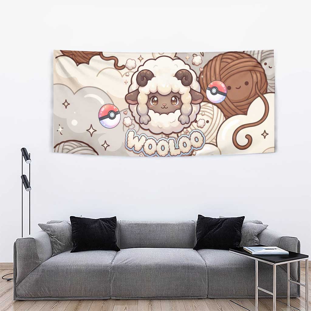 Wooloo Poké Kawaii Art Tapestry Cute Wooloo & Yarn Ball Pattern - Cozy Vibes