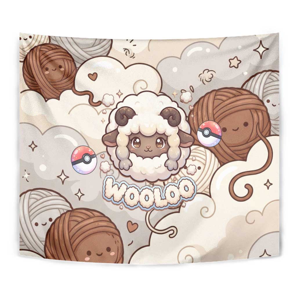 Wooloo Poké Kawaii Art Tapestry Cute Wooloo & Yarn Ball Pattern - Cozy Vibes