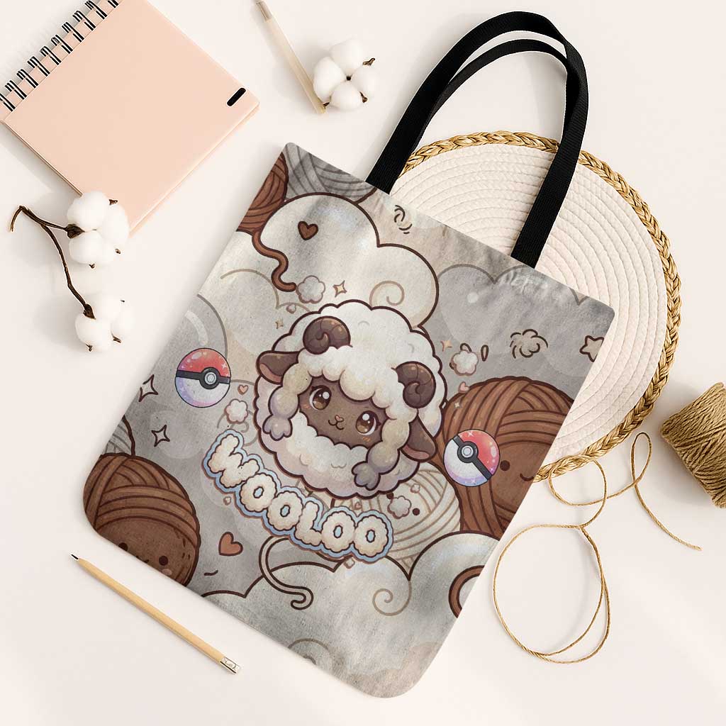 Wooloo Poké Kawaii Art Tote Bag Cute Wooloo & Yarn Ball Pattern - Cozy Vibes