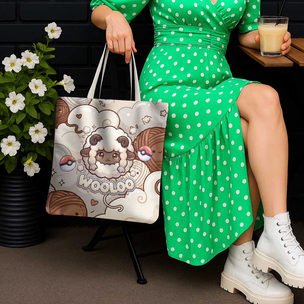 Wooloo Poké Kawaii Art Tote Bag Cute Wooloo & Yarn Ball Pattern - Cozy Vibes