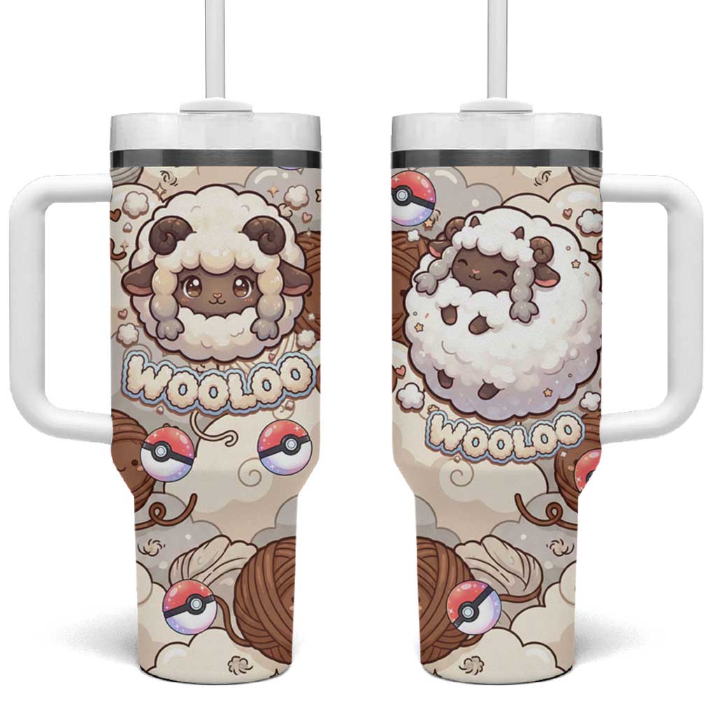 Wooloo Poké Kawaii Art Tumbler With Handle Cute Wooloo & Yarn Ball Pattern - Cozy Vibes