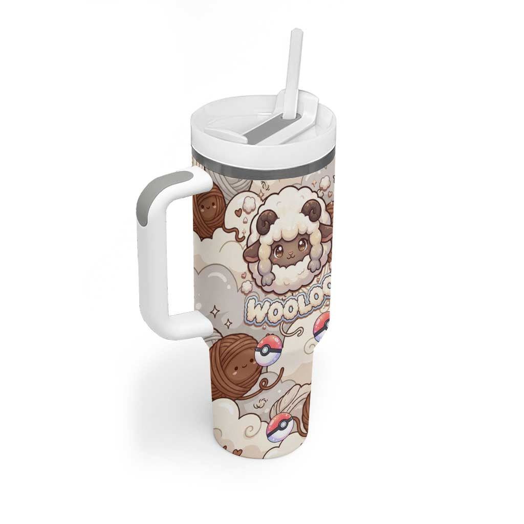 Wooloo Poké Kawaii Art Tumbler With Handle Cute Wooloo & Yarn Ball Pattern - Cozy Vibes