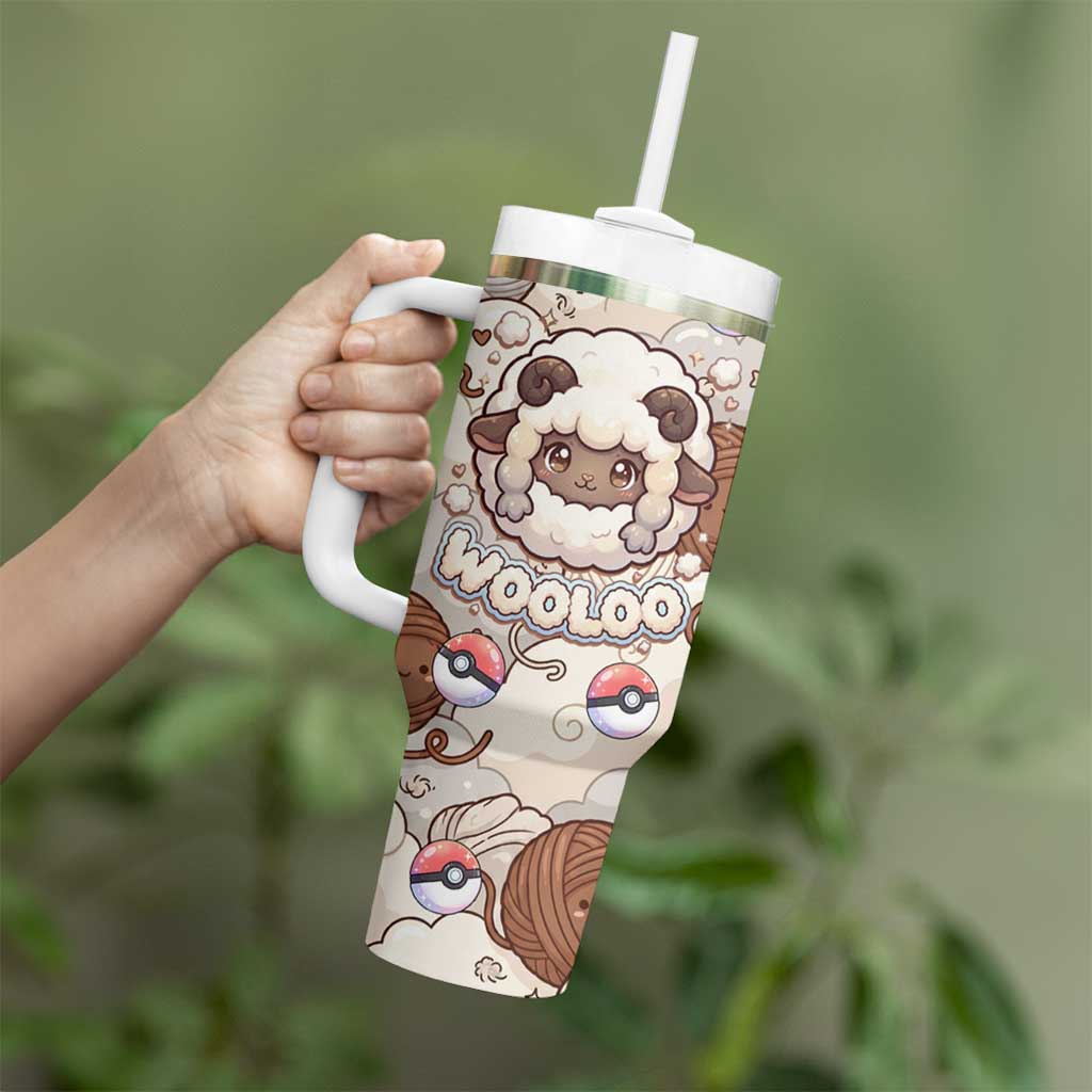 Wooloo Poké Kawaii Art Tumbler With Handle Cute Wooloo & Yarn Ball Pattern - Cozy Vibes