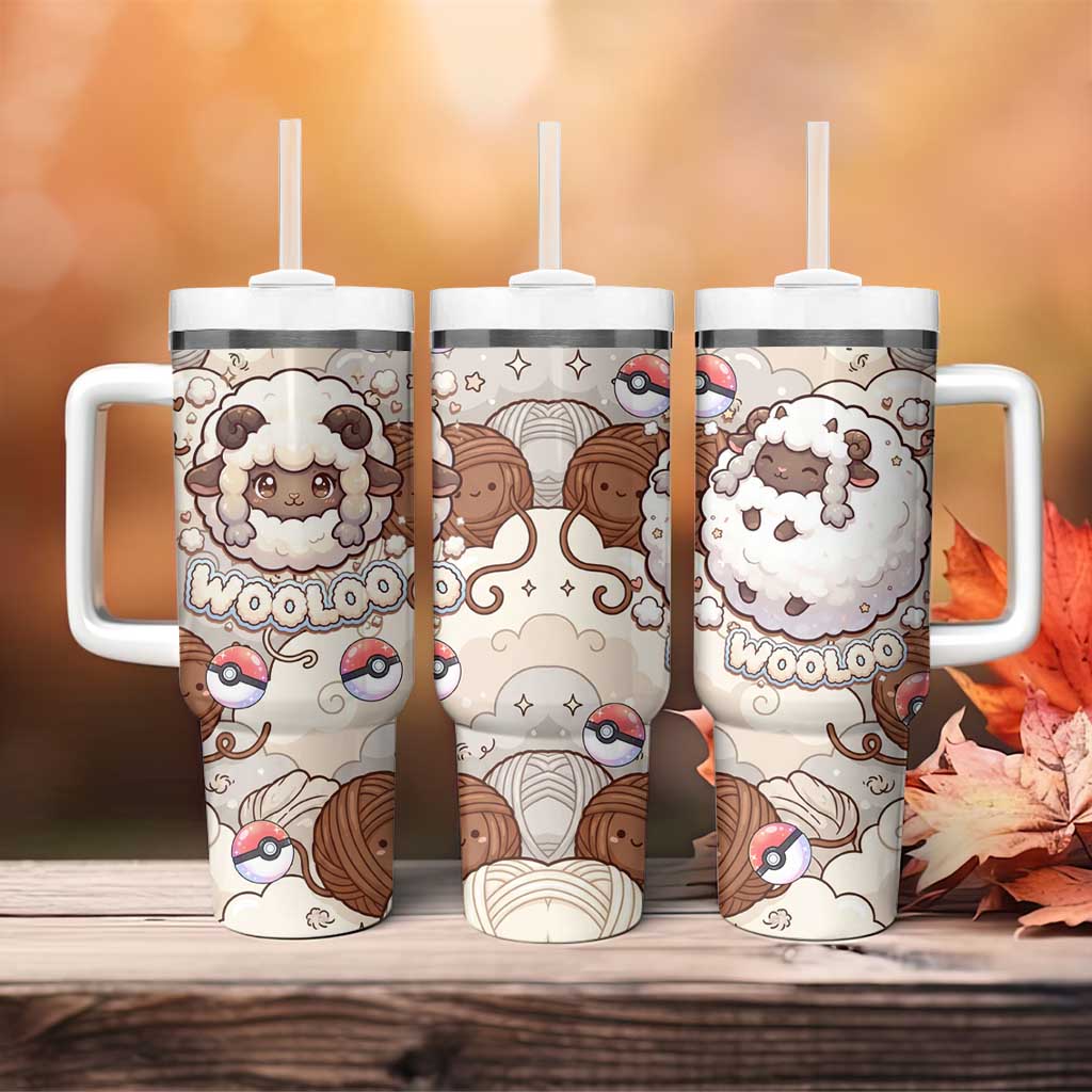 Wooloo Poké Kawaii Art Tumbler With Handle Cute Wooloo & Yarn Ball Pattern - Cozy Vibes