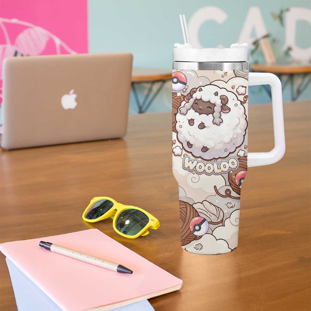 Wooloo Poké Kawaii Art Tumbler With Handle Cute Wooloo & Yarn Ball Pattern - Cozy Vibes