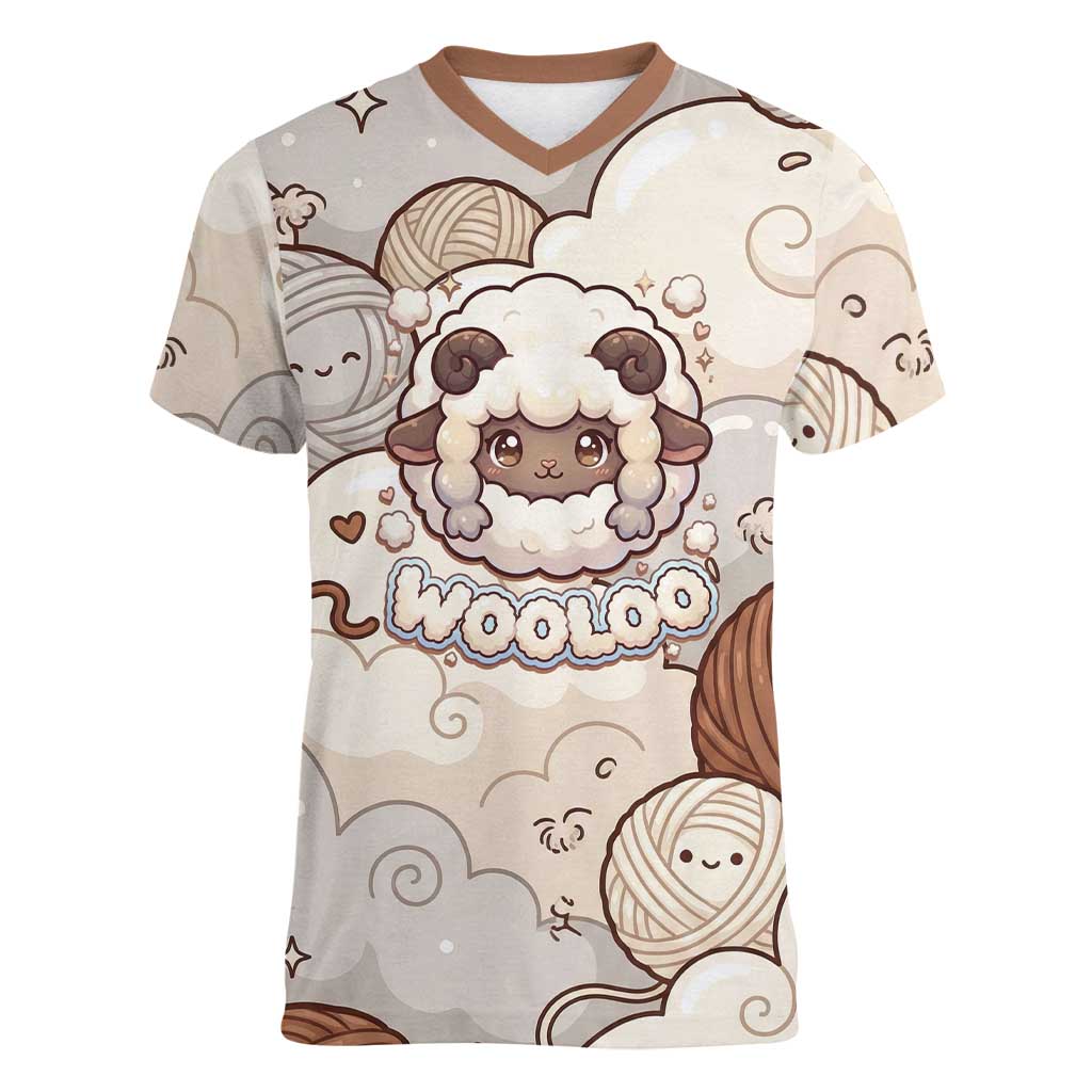 Wooloo Poké Kawaii Art Women V-Neck T-Shirt Cute Wooloo & Yarn Ball Pattern - Cozy Vibes