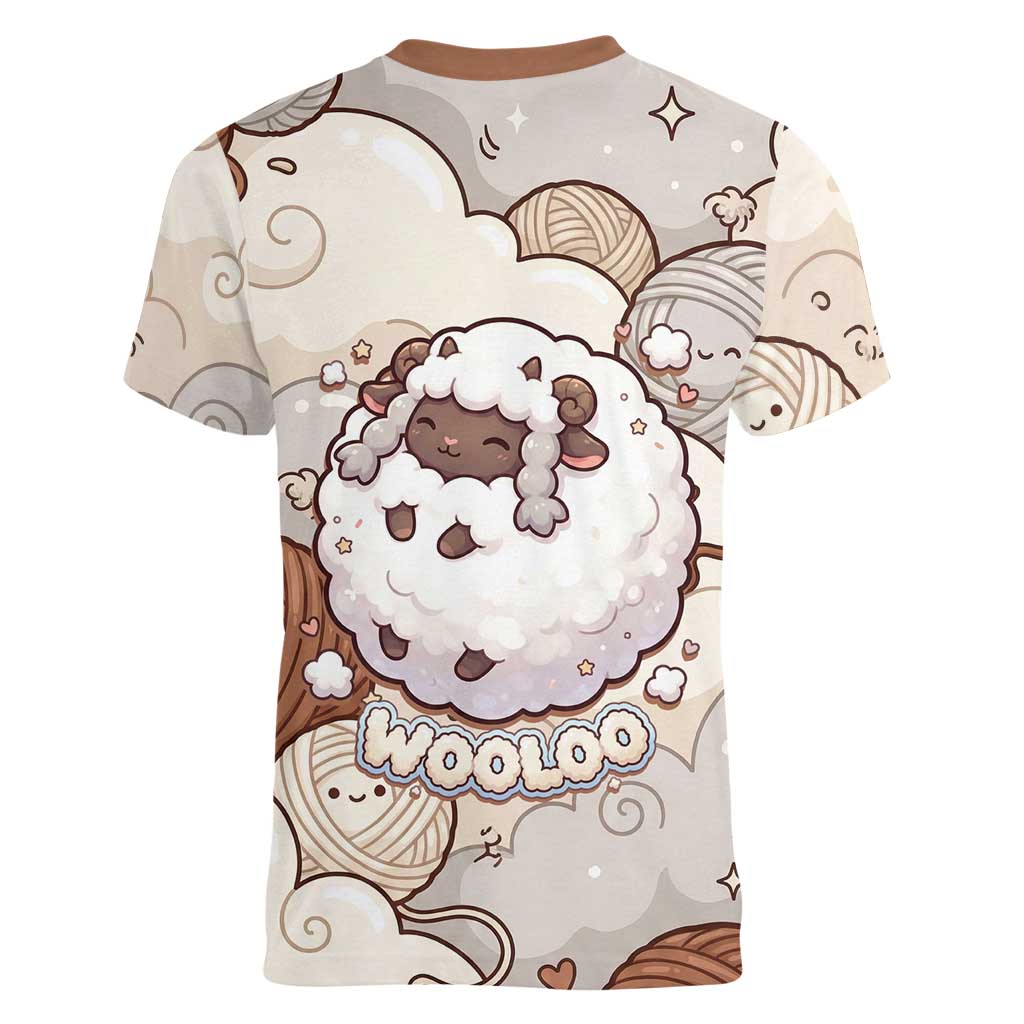 Wooloo Poké Kawaii Art Women V-Neck T-Shirt Cute Wooloo & Yarn Ball Pattern - Cozy Vibes